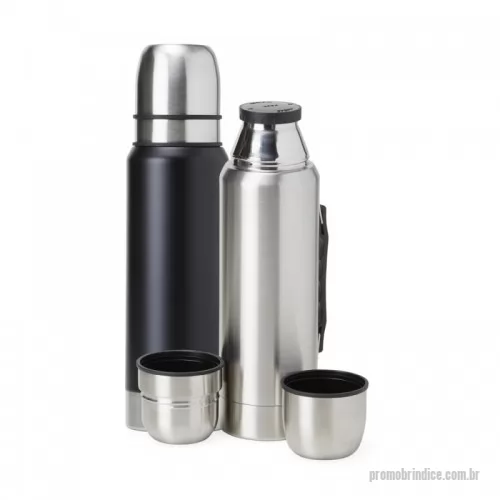 Garrafa térmica personalizada - Garrafa térmica de inox com parede dupla e tampa dupla, capacidade de 1 litro. Com alça plástica para transporte, a garrafa contém duas tampas utilizáveis como copos.