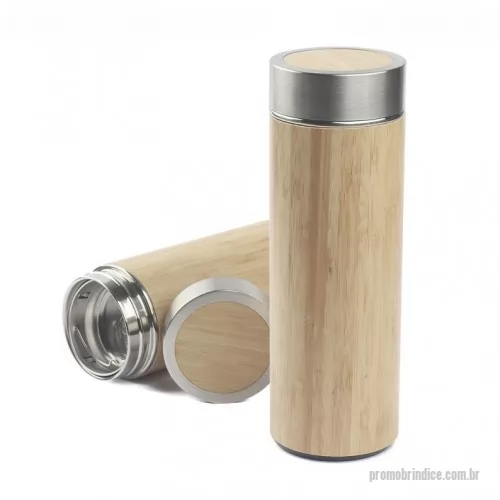 Garrafa térmica personalizada - Garrafa térmica em aço inox com parede dupla isolada a vácuo com capacidade de até 400 ml. Com revestimento externo em fibra de bambu e infusor para chás. Tampa rosqueável e anel de silicone para vedação. Conserva líquido quente por até 12 horas e líquido frio até 18 horas