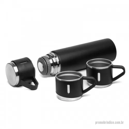 Garrafa térmica personalizada - Kit Garrafa e copo ideal para cafés, chás e dividir a bebida para mais pessoas, Acompanha:1 garrafa térmica em aço inox com parede dupla isolada a vácuo com capacidade para 500ml; 3 canecas com alça de 100ml, A caixa e a sacola do kit são na cor preta