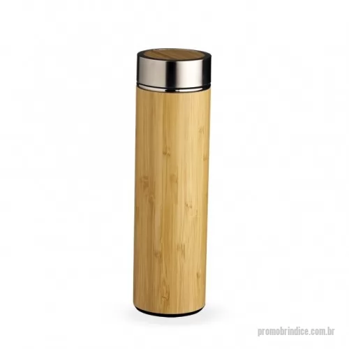 Garrafa térmica personalizada - Garrafa de bambu e inox térmica 500ml com parede dupla e infusor. Conserva temperatura quente ou fria.