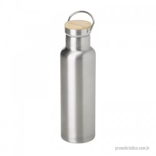 Garrafa térmica personalizada - Garrafa térmica feita em inox com parede dupla, capacidade de 600ml. Tampa com acabamento em bambu e alça para transporte.