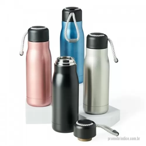 Garrafa térmica personalizada - Garrafa térmica com capacidade de 420ml feita em inox 304 com parede dupla. Tampa plástica com corda para transporte embutida.