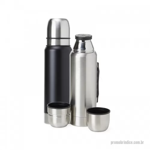 Garrafa térmica personalizada - Garrafa térmica de inox com parede dupla e tampa dupla, capacidade de 1 litro. Com alça plástica para transporte, a garrafa contém duas tampas utilizáveis como copos.