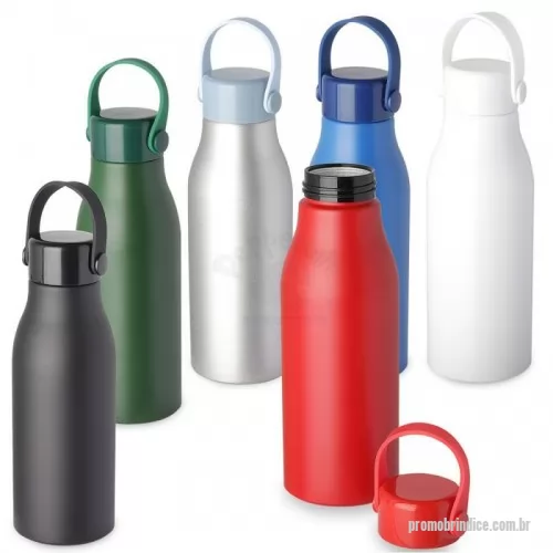 Garrafa térmica personalizada - Garrafa em alumínio, tampa em plástico com alça na cor do produto. Capacidade de 550ml, pintura fosca. Ideal para academias, práticas esportivas, brindes promocionais e eventos corporativos.