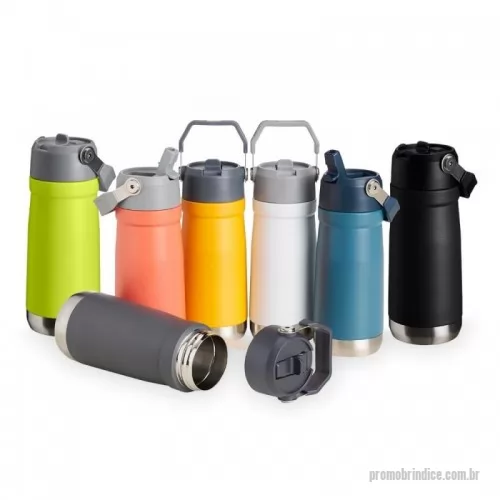 Garrafa térmica personalizada - Garrafa térmica para brinde. Garrafa térmica de parede dupla em inox, capacidade de 500ml. Tampa com alça de transporte, bico flip e canudo interno.