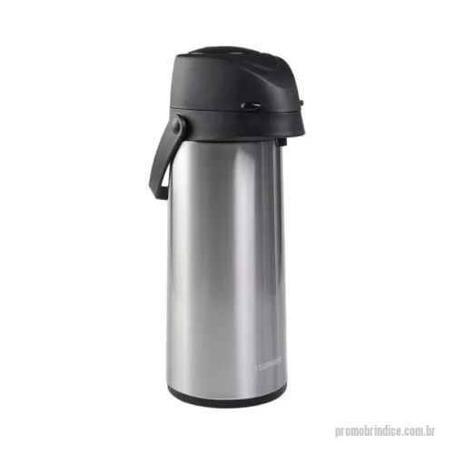 Garrafa térmica personalizada - Garrafa térmica de aço inox, com acionamento por bomba de pressão. Possui alça para transporte, ampola de vidro e bomba com trava que evita acionamento acidental. Eficiência térmica: 8h para quente e 12h para frio