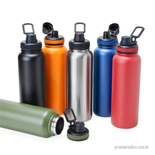 Garrafa térmica personalizada - Garrafa térmica feita em inox com parede dupla livre de BPA, capacidade de 1,2 litros. Tampa com alça para transporte e tampa de proteção para o bocal.