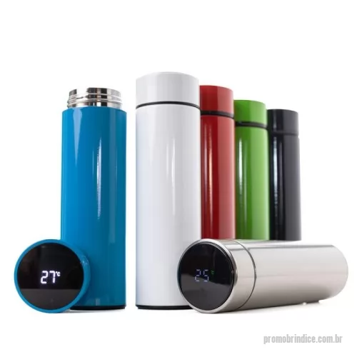 Garrafa térmica personalizada - Garrafa térmica em aço inox com parede dupla isolada a vácuo, com capacidade até 450ml com infusor. Tampa rosqueável com anel de silicone para vedação. Display LED com termômetro digital na tampa para indicar a temperatura do líquido, Conserva líquido quente por até 12 horas e líquido frio até 18 horas. 
