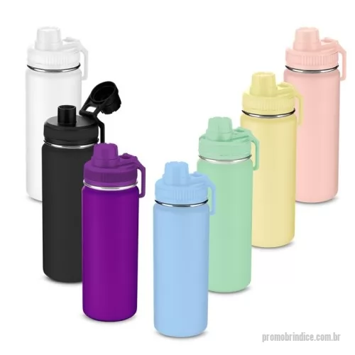 Garrafa térmica personalizada - Garrafa térmica em aço inox com parede dupla com capacidade de até 570 ml. Tampa rosqueável, alça em plástico e anel de silicone para vedação. Design com frisos na tampa e pintura pó.