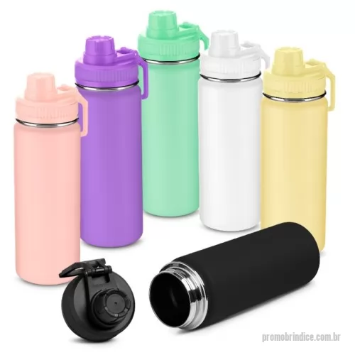 Garrafa térmica personalizada - Garrafa térmica em aço inox com parede dupla com capacidade de até 570 ml. Tampa rosqueável, alça em plástico e anel de silicone para vedação. Design com frisos na tampa e pintura pó.