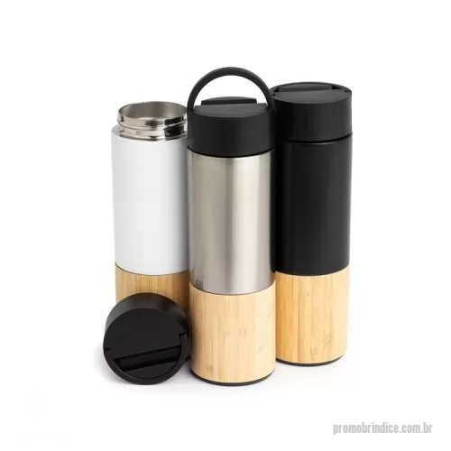 Garrafa térmica personalizada - Garrafa térmica produzida em inox 304 com capacidade de 420ml, acompanha peneira para infusão de bebidas. Com detalhes em bambu e plástico, sua tampa é livre de BPA e possui uma alça para transporte que também pode ser utilizada como suporte para celular.