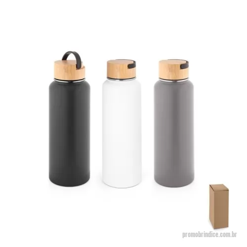 Garrafa térmica personalizada - Garrafa em aço inox (90% reciclado) de parede dupla térmica, isolada a vácuo. Parede com revestimento em pó oferecendo mais durabilidade e resistência. Tampa em bambu com pega em plástico que facilita o transporte. Grande capacidade até 1.2 L.