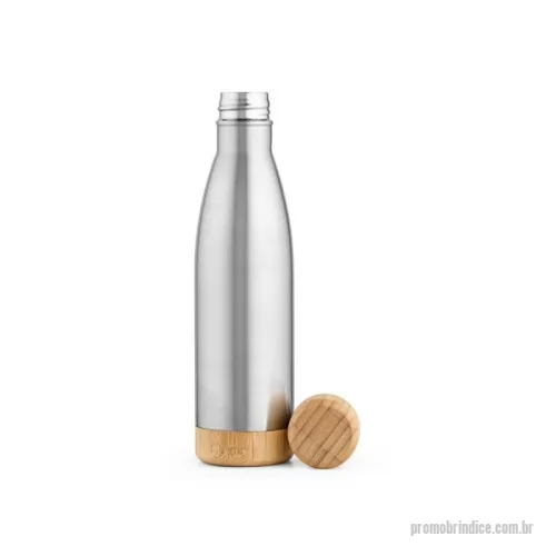 Garrafa térmica personalizada - Garrafa em aço inox (90% reciclado) de parede dupla térmica, isolada a vácuo. Com tampa e base em bambu. Capacidade até 550 mL. Fornecido em caixa presente kraft. Certificação EU Food Grade. A cor e o resultado da impressão nos materiais naturais pode variar entre produtos. ø71 x 272 mm