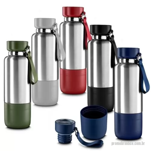 Garrafa térmica personalizada - Garrafa térmica em aço inox com parede dupla isolada a vácuo, capacidade de 500ml e cordão tipo mosquetão. Tampa rosqueável, vedada por um anel de silicone. Possui copo adicional rosqueável na parte inferior da garrafa. Parte superior da tampa acompanha um cordão adicional de 68cm para substituição. Permitindo uso do compartimento para pequenos objetos.