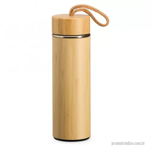 Garrafa térmica personalizada - Garrafa térmica de bambu e inox 400 ml e infusor de metal. Contém tampa rosqueável de bambu e alça de tecido embutida.