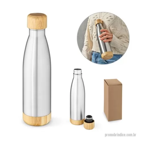 Garrafa térmica personalizada - Garrafa em aço inox (90% reciclado) de parede dupla térmica, isolada a vácuo. Com tampa e base em bambu. Capacidade até 550 mL. 