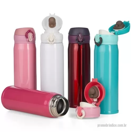 Garrafa térmica personalizada - Garrafa térmica de 400ml de inox colorida com botão e válvula para abertura. Possui um sistema de trava (basta mover para cima/baixo para abrir/fechar), pressione o botão central para abrir a tampa(possui na parte interna borracha protetora evitando vazar o líquido). Para abrir a tampa por completo basta rosqueá-la, parte interna revestida em inox. Na embalagem do produto pode ir especificado a capacidade de 450ml ou 500ml devido aos fabricantes que trabalham terem impresso a descrição deste modo, porém ressalvamos a capacidade correta de 400ml.  Medidas aproximadas para gravação (CxL):  16 cm x 6 cm  Tamanho total aproximado  (CxL):  22,7 cm x 7,2 cm x 20,5 cm  Peso aproximado (g):  222