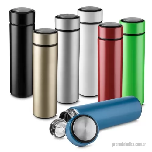 Garrafa térmica personalizada - Garrafa térmica em aço inox com parede dupla isolada a vácuo, com capacidade até 450ml com infusor. Tampa rosqueável com anel de silicone para vedação. Conserva líquido quente por até 12 horas e líquido frio até 18 horas