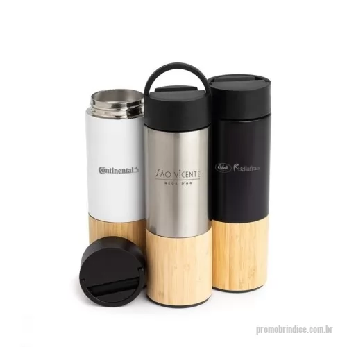 Garrafa térmica personalizada - Garrafa térmica produzida em inox 304 com capacidade de 420ml, acompanha peneira para infusão de bebidas. Com detalhes em bambu e plástico, sua tampa é livre de BPA e possui uma alça para transporte que também pode ser utilizada como suporte para celular.