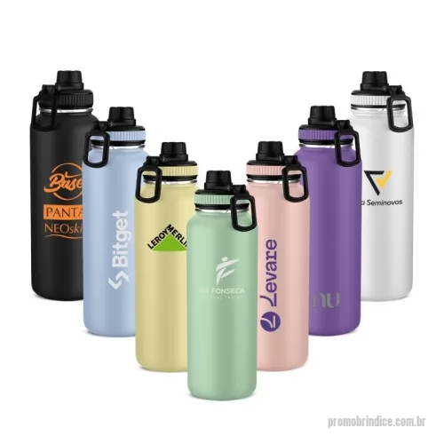 Garrafa térmica personalizada - Garrafa térmica em aço inox com parede dupla isolada a vácuo,alça plástica para transporte, bico rosqueável para fácil acesso, com capacidade de 960ml. 