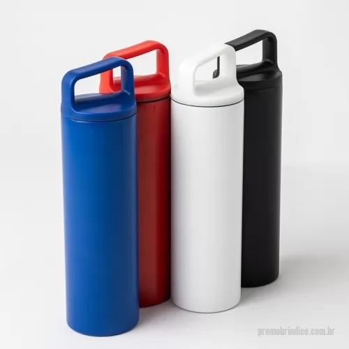 Garrafa térmica personalizada - Garrafa térmica com capacidade de 600ml, tampa plástica rosqueável e alça acoplada.   Altura :  25,7 cm Largura :  7 cm Circunferência :  22,2 cm