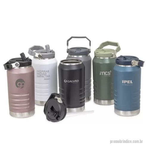 Garrafa térmica personalizada - Garrafa térmica feita em inox 304 com parede dupla, capacidade de 1,1 litros. Com alça para transporte, a tampa contém bico inclinável e canudo interno.