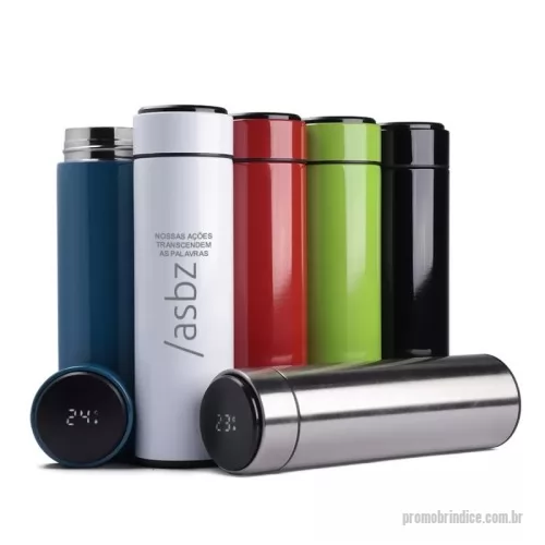 Garrafa térmica personalizada - Garrafa inox 500ml com parede dupla, infusor, e Display LED com termômetro digital na tampa para indicar a temperatura do líquido. Conserva temperatura quente ou fria.
