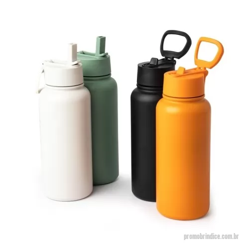 Garrafa térmica personalizada - Garrafa térmica de parede dupla em inox, capacidade de 900ml. Tampa rosqueável com alça de transporte, bico flip e canudo interno.