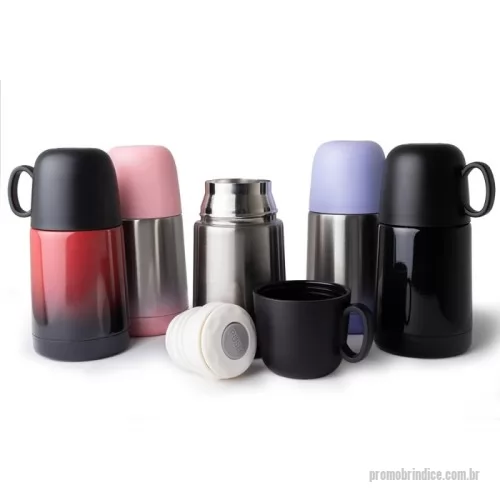 Garrafa térmica personalizada - Garrafa térmica 230ml com acabamento degradê, contém tampa hermética rosqueável com botão de acionamento e tampa externa plástica com alça, podendo ser utilizada como xícara.