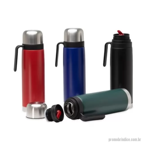 Garrafa térmica personalizada - Garrafa térmica 1 litro em inox com alça plástica preta. Possui tampa rosqueável, tampa interna rosqueável com bico plástico vermelho.