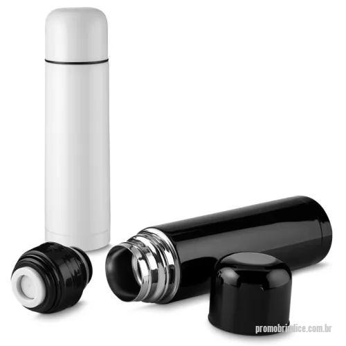Garrafa térmica personalizada - Garrafa térmica em aço inox com parede dupla isolada a vácuo, com capacidade de até 500 ml. Conserva líquido quente por até 12 horas e líquido frio até 18 horas e sua tampa pode ser usada como copo. Tampa rosqueável.