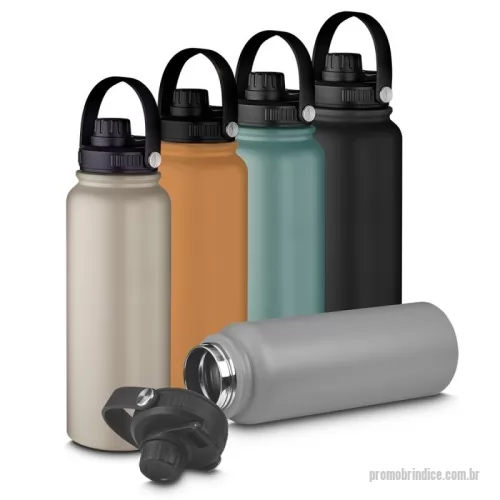 Garrafa térmica personalizada - Garrafa térmica em aço inox com parede dupla com capacidade de 1,2L, tampa rosqueável com alça plástica e anel de silicone para vedação.