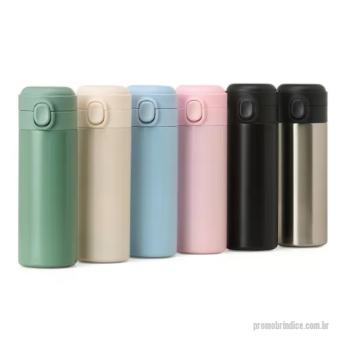 Garrafa térmica personalizada -  Garrafa térmica em inox com parede dupla, capacidade de 400ml. Tampa com botão central para abertura e borracha interna para vedação.
