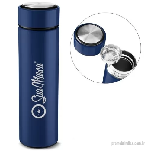 Garrafa térmica personalizada - Mantenha suas bebidas na temperatura ideal por mais tempo com a garrafa térmica de aço inox 450ml. Com parede dupla isolada a vácuo, preserva líquidos quentes por até 12 horas e frios por até 18 horas. Seu infusor interno é perfeito para chás e infusões, proporcionando mais praticidade no dia a dia.