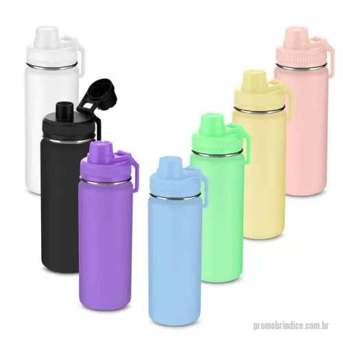 Garrafa térmica personalizada - Garrafa térmica em aço inox com parede dupla, garantindo melhor isolamento térmico e conservação da temperatura por mais tempo. Com capacidade de 580ml, possui tampa rosqueável com vedação em anel de silicone, proporcionando segurança contra vazamentos. Conta com mosquetão em plástico para facilitar o transporte e um design moderno com frisos na tampa, agregando sofisticação e funcionalidade.  Um brinde durável e versátil da Youdu Brindes, ideal para uso diário, esportes e viagens.