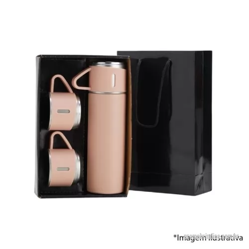 Garrafa térmica personalizada - Kit garrafa térmica 450ml com duas tampas extras que podem ser utilizadas como xícaras. Garrafa produzida em inox com base antiderrapante e tampas de inox com revestimento plástico. Acompanha sacola de papel com berço de papelão para acomodação das peças. 