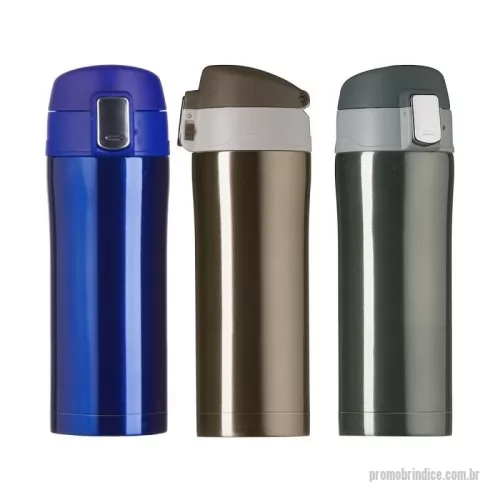 Garrafa térmica personalizada - Garrafa térmica 350ml colorida com sistema de trava. Material metálico com revestimento interno em inox, possui tampa plástica fosca com borracha interna para vedação evitando o vazamento de líquido e prezando sua temperatura; possui botão central para abertura e trava lateral(basta seguir a orientação dos desenhos de cadeados simulando o travamento/destravamento da tampa).