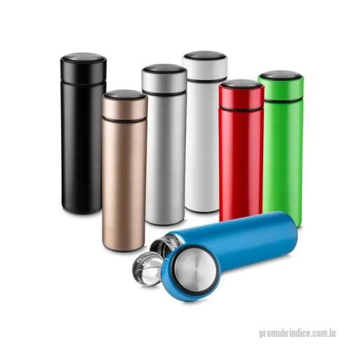 Garrafa térmica personalizada - Garrafa térmica em aço inox com parede dupla isolada a vácuo, com capacidade até 450ml. Tampa rosqueável com anel de silicone para vedação. Possui infusor para chás.