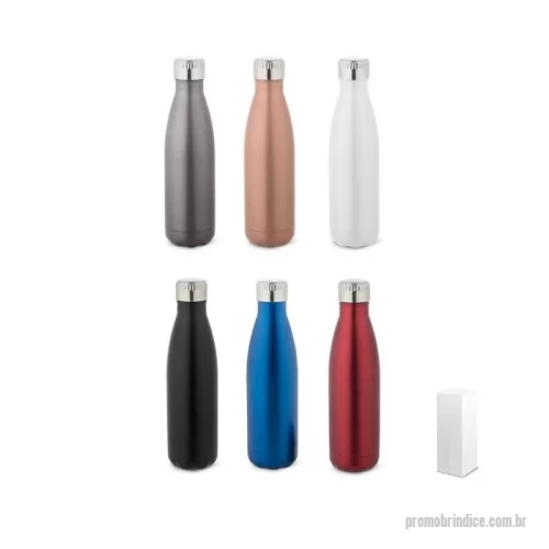 Garrafa térmica personalizada - Garrafa em aço inox de parede dupla térmica, isolada a vácuo, com tampa em aço inox. Capacidade até 500 mL. Preserva as bebidas quentes por 8h e frias por 24h. Fornecido em caixa presente. Certificação EU Food Grade. ø71 x 255 mm