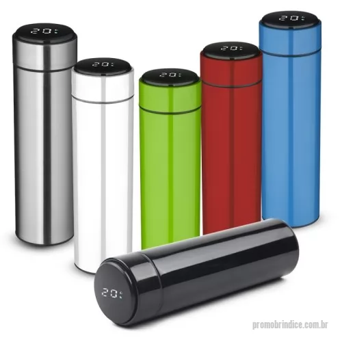 Garrafa térmica personalizada - Garrafa térmica em aço inox com parede dupla isolada a vácuo, com capacidade até 450ml. Tampa rosqueável com anel de silicone para vedação. Possui infusor para chás.  Display LED com termômetro digital na tampa para indicar a temperatura do líquido. Possui tampa removível para a troca da pilha.