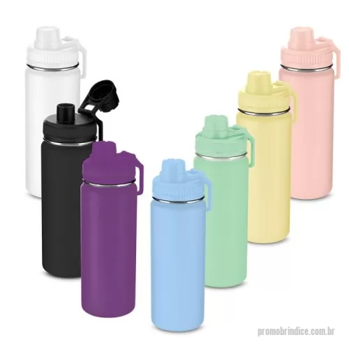Garrafa térmica personalizada - Garrafa térmica em aço inox com parede dupla com capacidade de 570 ml. Tampa rosqueável com anel de silicone, alça plástica em formato de mosquetão e bico rosqueável para fácil acesso. Design com frisos na tampa e pintura a pó.