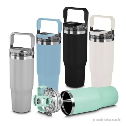 Garrafa térmica personalizada - Garrafa térmica em aço inox com parede dupla com capacidade de 950ml parede externa com pintura a pó. Tampa rosqueável com e anel de silicone para vedação. Alça  de transporte em plástico. Permite-se hidratar por canudo ou bico.