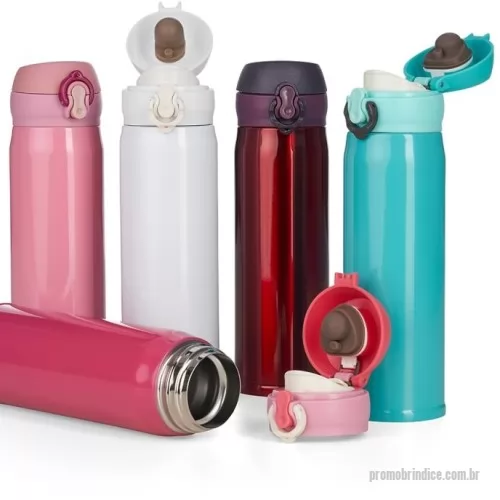 Garrafa térmica personalizada - Garrafa térmica de 400ml de inox colorida com botão e válvula para abertura. Possui um sistema de trava (basta mover para cima/baixo para abrir/fechar), pressione o botão central para abrir a tampa(possui na parte interna borracha protetora evitando vazar o líquido). Para abrir a tampa por completo basta rosqueá-la, parte interna revestida em inox. Na embalagem do produto pode ir especificado a capacidade de 450ml ou 500ml devido aos fabricantes que trabalham terem impresso a descrição deste modo, porém ressalvamos a capacidade correta de 400ml.