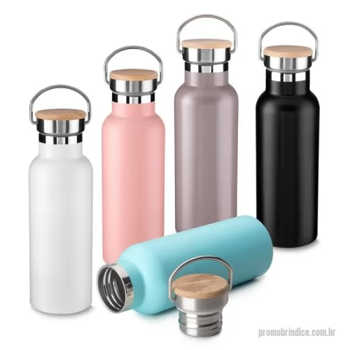 Garrafa térmica personalizada - Garrafa térmica em aço inox com parede dupla isolada a vácuo, com capacidade de até 500ml. Tampa rosqueável com revestimento em fibra de bambu. Alça em metal. Detalhe cromado. Pintura fosca.