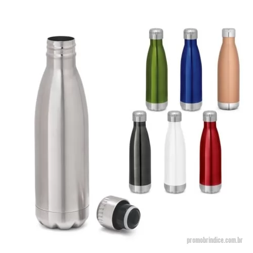 Garrafa térmica personalizada - Garrafa em aço inox de parede dupla térmica, isolada a vácuo, com tampa em aço inox. Capacidade até 510 mL. Preserva as bebidas quentes por 8h e frias por 24h. Caixa branca 94657 vendida opcionalmente.
