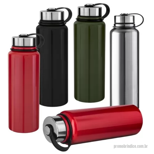 Garrafa térmica personalizada - Garrafa térmica em aço inox com parede dupla com capacidade de 1L com infusor de chá. Tampa em aço inox rosqueável com anel de silicone para vedação. Possui alça de transporte em plástico. Pintura brilhosa.