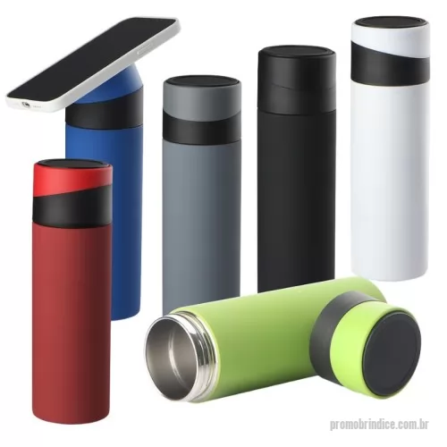 Garrafa térmica personalizada - Garrafa térmica em aço inox com parede dupla isolada a vácuo, com capacidade de até 400 ml. Tampa rosqueável com anel de silicone para vedação. Com apoio de silicone para o celular na tampa.