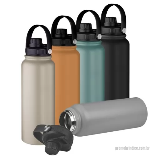 Garrafa térmica personalizada - Garrafa térmica em aço inox com parede dupla com capacidade de 1,100L, parede externa com pintura a pó. Tampa rosqueável com anel de silicone para vedação. Alça de transporte plástica. Bico rosqueável.