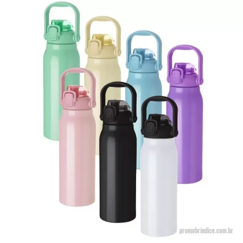Garrafa térmica personalizada - Garrafa térmica em aço inox com parede dupla isolada a vácuo, com capacidade de até 1,7l. Alça ergonômica em plástico. Tampa rosqueável com anel de silicone para vedação. Bico por meio de sucção com canudo e com acionamento prático por meio de botão. Pintura brilhosa.