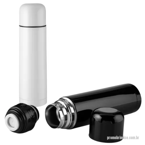 Garrafa térmica personalizada - Garrafa térmica em aço inox com parede dupla isolada a vácuo, com capacidade de até 500 ml. Tampa rosqueável com anel de silicone que pode ser utilizada como copo com capacidade de até 100ml. Possui botão de acionamento para melhor seguran